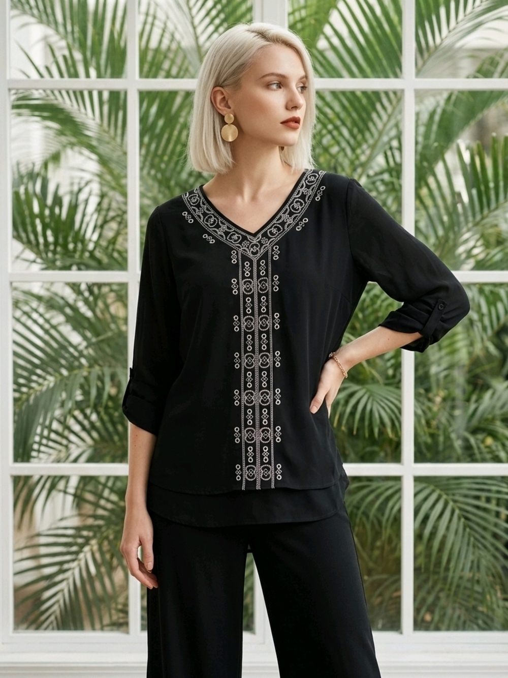 Cato Black Plus Size  V-Neck Tunic with White Embroidered Trim 3)4 Sleeves